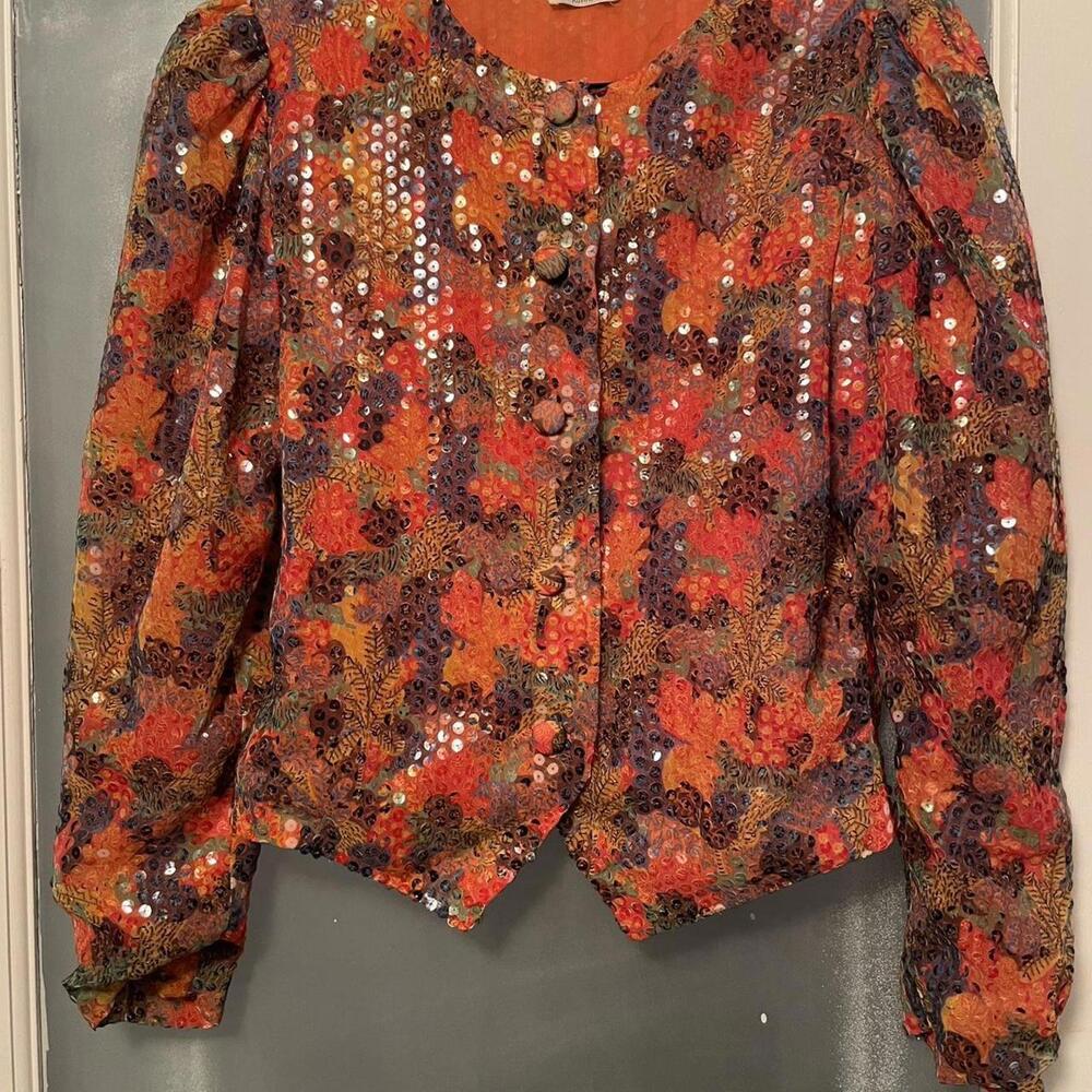 Vintage Orange Sequin Autumn Print Puff Sleeve Jacket.